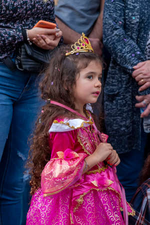 LOULE, PORTUGAL - FEBRUARY 2020: Colorful Carnival (Carnaval) Parade festival participants on Loule city, Portugal.のeditorial素材