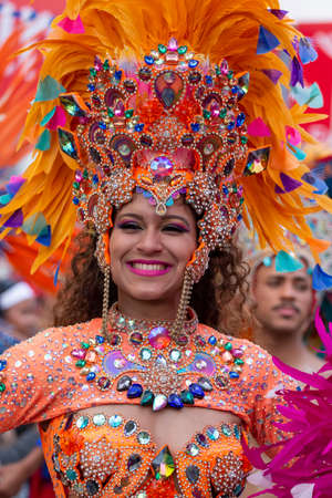 LOULE, PORTUGAL - FEBRUARY 2020: Colorful Carnival (Carnaval) Parade festival participants on Loule city, Portugal.のeditorial素材