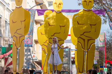 LOULE, PORTUGAL - FEBRUARY 2020: Colorful Carnival (Carnaval) Parade festival participants on Loule city, Portugal.のeditorial素材