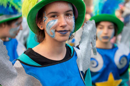 LOULE, PORTUGAL - FEBRUARY 2020: Colorful Carnival (Carnaval) Parade festival participants on Loule city, Portugal.のeditorial素材