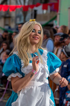 LOULE, PORTUGAL - FEBRUARY 2020: Colorful Carnival (Carnaval) Parade festival participants on Loule city, Portugal.のeditorial素材