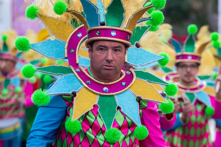 LOULE, PORTUGAL - FEBRUARY 2020: Colorful Carnival (Carnaval) Parade festival participants on Loule...