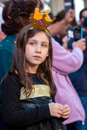 LOULE, PORTUGAL - FEBRUARY 2020: Colorful Carnival (Carnaval) Parade festival participants on Loule city, Portugal.のeditorial素材