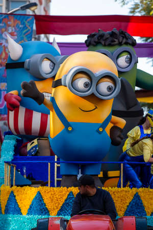 LOULE, PORTUGAL - FEBRUARY 2020: Colorful Carnival (Carnaval) Parade festival participants on Loule city, Portugal.のeditorial素材