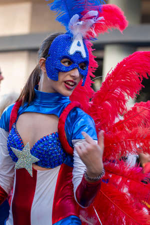 LOULE, PORTUGAL - FEBRUARY 2020: Colorful Carnival (Carnaval) Parade festival participants on Loule...