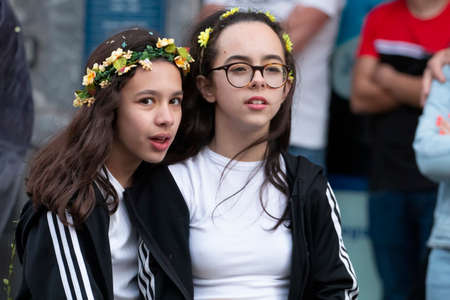 LOULE, PORTUGAL - FEBRUARY 2020: Colorful Carnival (Carnaval) Parade festival participants on Loule city, Portugal.のeditorial素材