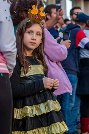 LOULE, PORTUGAL - FEBRUARY 2020: Colorful Carnival (Carnaval) Parade festival participants on Loule city, Portugal.のeditorial素材