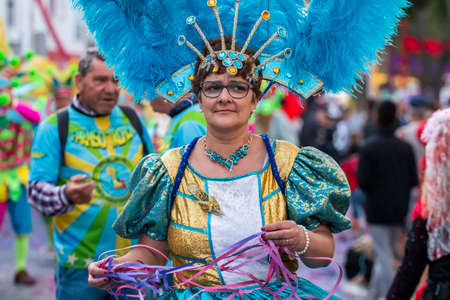 LOULE, PORTUGAL - FEBRUARY 2020: Colorful Carnival (Carnaval) Parade festival participants on Loule...