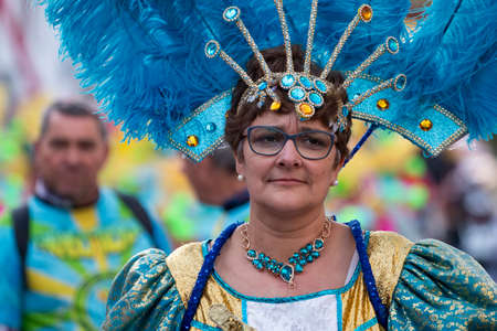 LOULE, PORTUGAL - FEBRUARY 2020: Colorful Carnival (Carnaval) Parade festival participants on Loule city, Portugal.のeditorial素材