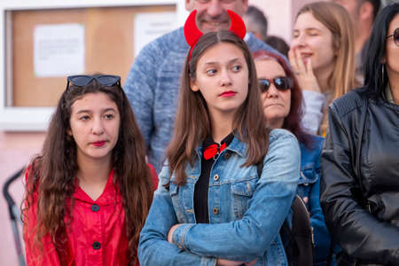 LOULE, PORTUGAL - FEBRUARY 2020: Colorful Carnival (Carnaval) Parade festival participants on Loule city, Portugal.のeditorial素材