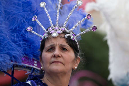 LOULE, PORTUGAL - FEBRUARY 2020: Colorful Carnival (Carnaval) Parade festival participants on Loule city, Portugal.のeditorial素材