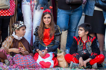 LOULE, PORTUGAL - FEBRUARY 2020: Colorful Carnival (Carnaval) Parade festival participants on Loule city, Portugal.のeditorial素材