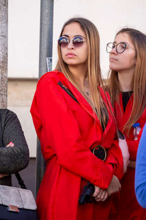 LOULE, PORTUGAL - FEBRUARY 2020: Colorful Carnival (Carnaval) Parade festival participants on Loule city, Portugal.のeditorial素材