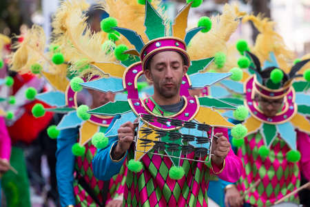 LOULE, PORTUGAL - FEBRUARY 2020: Colorful Carnival (Carnaval) Parade festival participants on Loule city, Portugal.のeditorial素材