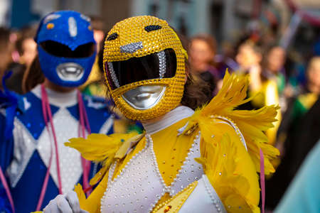 LOULE, PORTUGAL - FEBRUARY 2020: Colorful Carnival (Carnaval) Parade festival participants on Loule city, Portugal.のeditorial素材
