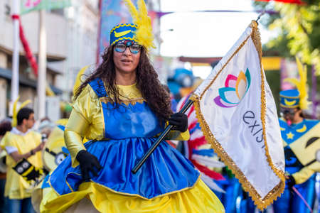 LOULE, PORTUGAL - FEBRUARY 2020: Colorful Carnival (Carnaval) Parade festival participants on Loule city, Portugal.のeditorial素材