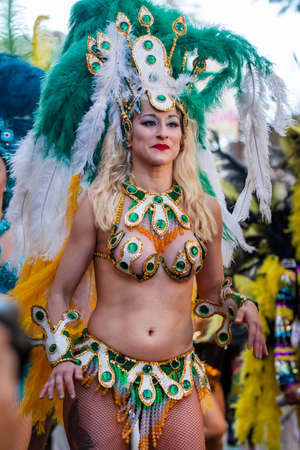 LOULE, PORTUGAL - FEBRUARY 2020: Colorful Carnival (Carnaval) Parade festival participants on Loule city, Portugal.のeditorial素材