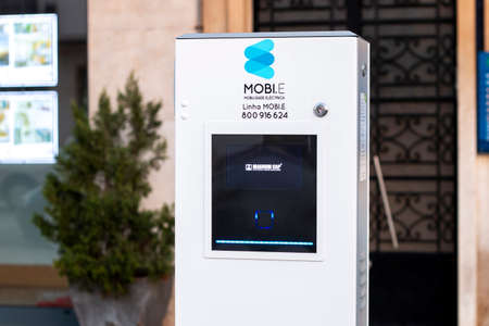 FARO, PORTUGAL: 16th FEBRUARY 2020 - Mobi.E Electric charging station for electric cars on the city of Faro.のeditorial素材