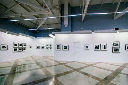 HUELVA, SPAIN - 22nd FEBRUARY, 2020: Photography exhibition from festival latitudes21 on Casa Colon, Andalusia, Spainのeditorial素材