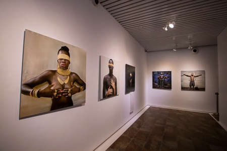 HUELVA, SPAIN - 22nd FEBRUARY, 2020: Photography exhibition J.M. Diaz Burgos, "Tropico de Cancer"  from the festival latitudes21 on Huelva, Spain.のeditorial素材