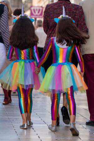 HUELVA, SPAIN - 22nd FEBRUARY 2020: Colorful Carnival (Carnaval) Parade festival participants on Huelva city, Spain.のeditorial素材
