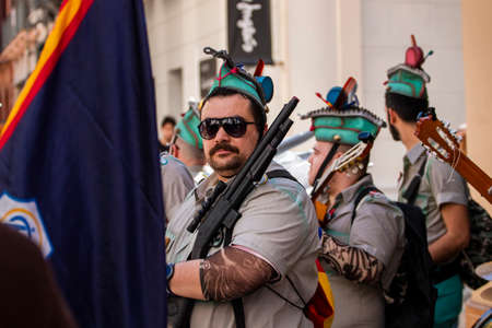 HUELVA, SPAIN - 22nd FEBRUARY 2020: Colorful Carnival (Carnaval) Parade festival street performers on Huelva city, Spain.のeditorial素材