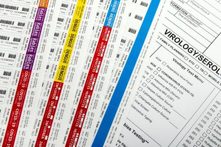 Several labels of various virus and laboratory test report concept, for coronavirus, rabies, hepatitis and others.の写真素材