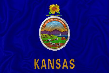 kansas state flag on a wavy silk satin fabric texture background.の写真素材