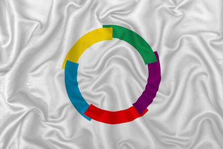 Organisation Internationale de la Francophonie flag on wavy silk textile fabric background.の写真素材
