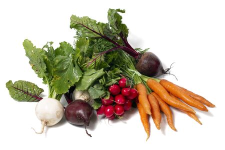 fresh organic vegetable roots from the grocery market isolated on a white background.の写真素材