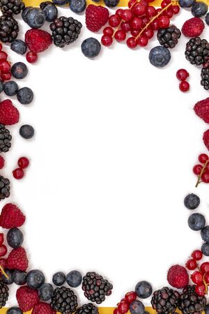 Close view of some fresh mix of fruit berries forming a rectangle isolated on a white background.の写真素材