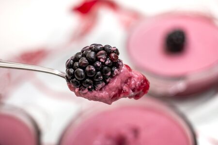 natural blackberry sweet tasty pudding on red table cloth.