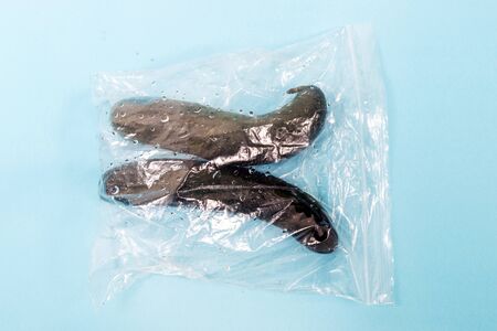 fresh organic vegetable cucumber from the grocery market on a plastic bag.の写真素材