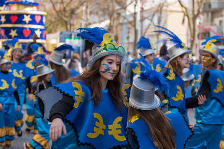 LOULE, PORTUGAL - FEB 2018: Colorful Carnival (Carnaval) Parade festival participants on Loule city, Portugal.のeditorial素材