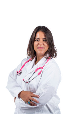 Caucasian doctor woman with pink stethoscope on a white background.の写真素材