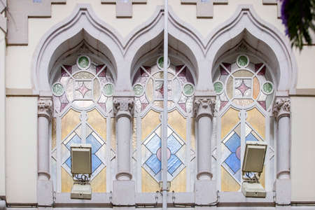 FARO, PORTUGAL - 20th june 2021 - Beautiful details of Bank of Portugal building located in Faro...