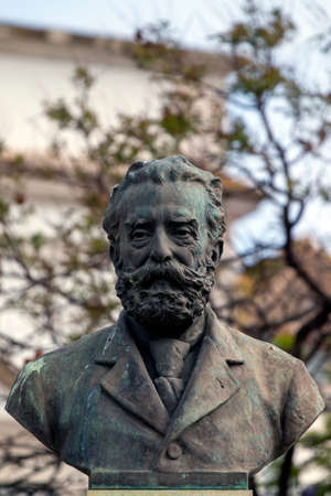 FARO, PORTUGAL: 20th june 2021 - Garden Manuel Bivar bust statue of Joao de Deus poet in Faro city, Portugal.のeditorial素材