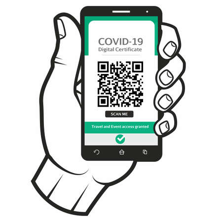 Hand holding a cellphone with the International Digital Certificate of vaccine for Covid-19 in a cellphone in order to travel between countries and access cultural events.のイラスト素材