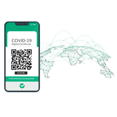 International Digital Certificate of vaccine for Covid-19 in a cellphone in order to travel between countries and cultural access events in the world.のイラスト素材