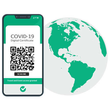 International Digital Certificate of vaccine for Covid-19 in a cellphone in order to travel between countries and cultural access events in the world.のイラスト素材