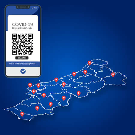 International Digital Certificate of vaccine for Covid-19 in a cellphone in order to travel between countries and cultural access events in Portugal.のイラスト素材