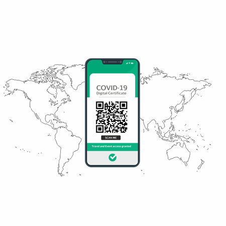 International Digital Certificate of vaccine for Covid-19 in a cellphone in order to travel between countries and cultural access events in the world.のイラスト素材
