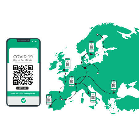 International Digital Certificate of Vaccine for Covid-19 in a cellphone in order to travel between countries and access cultural events in Europe.のイラスト素材