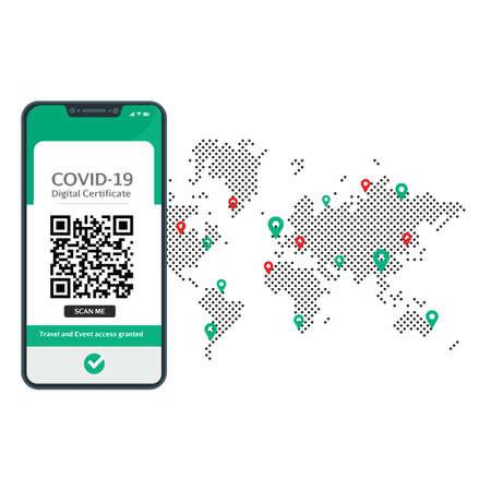 International Digital Certificate of vaccine for Covid-19 in a cellphone in order to travel between countries and cultural access events in the world.のイラスト素材