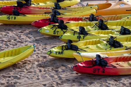 Group of yellow kayaks on the beach sand.の写真素材