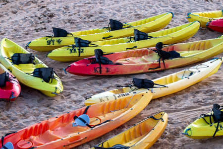 Group of yellow kayaks on the beach sand.の写真素材