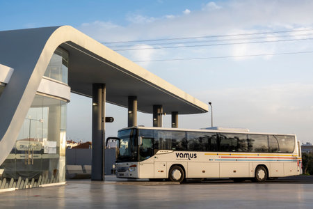 SAO BRAS DE ALPORTEL, PORTUGAL - 23rd JANUARY 2022: Circular dropping point bus station located in Sao Bras de Alportel village, Algarve, Portugal.のeditorial素材