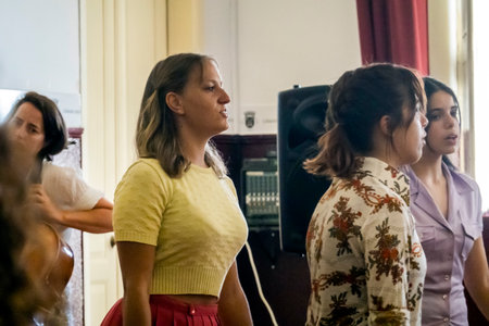 LOULE, PORTUGAL - 25th JUNE 2022 - Contemporary dancing and singing teens doing a performance group on a local theater.のeditorial素材