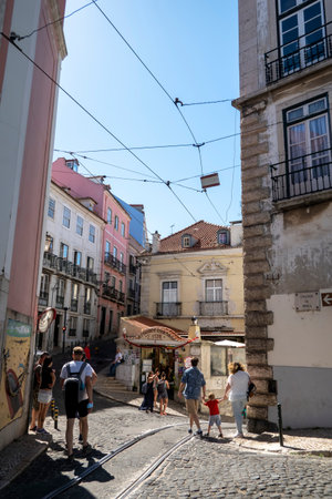 LISBON, PORTUGAL - 28th JUNE 2022: Typical architecture of the capital Lisbon city streets in the Mouraria district near Martim Moniz.のeditorial素材
