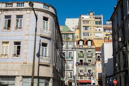 LISBON, PORTUGAL - 28th JUNE 2022: Typical architecture of the capital Lisbon city streets in the Mouraria district near the Graca viewpoint.のeditorial素材
